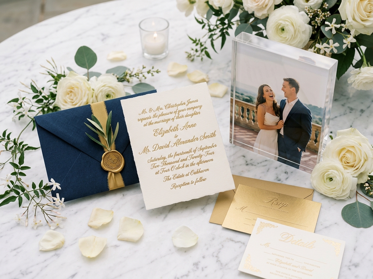 Edle Hochzeitspapeterie mit Goldprägung und Acrylglas-Foto-Block Stade