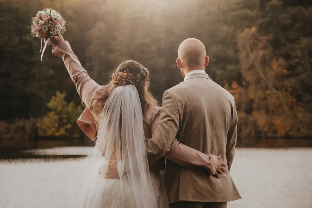 Romantisches Brautpaar am See im Abendlicht – Hochzeitsfotograf Stade & Altes Land